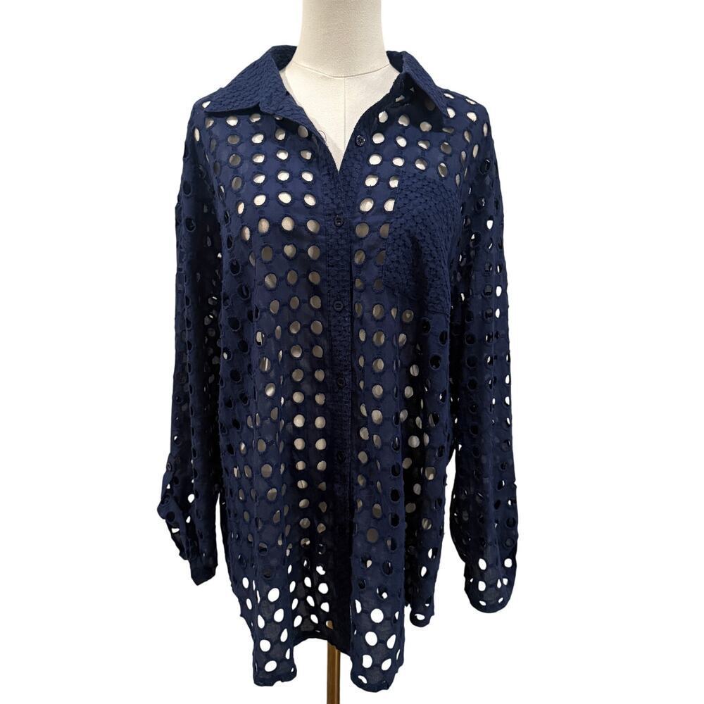 ADIVA Navy Blue Eyelet Holes Button Down Oversized Boho Beach Cover Up Top Large